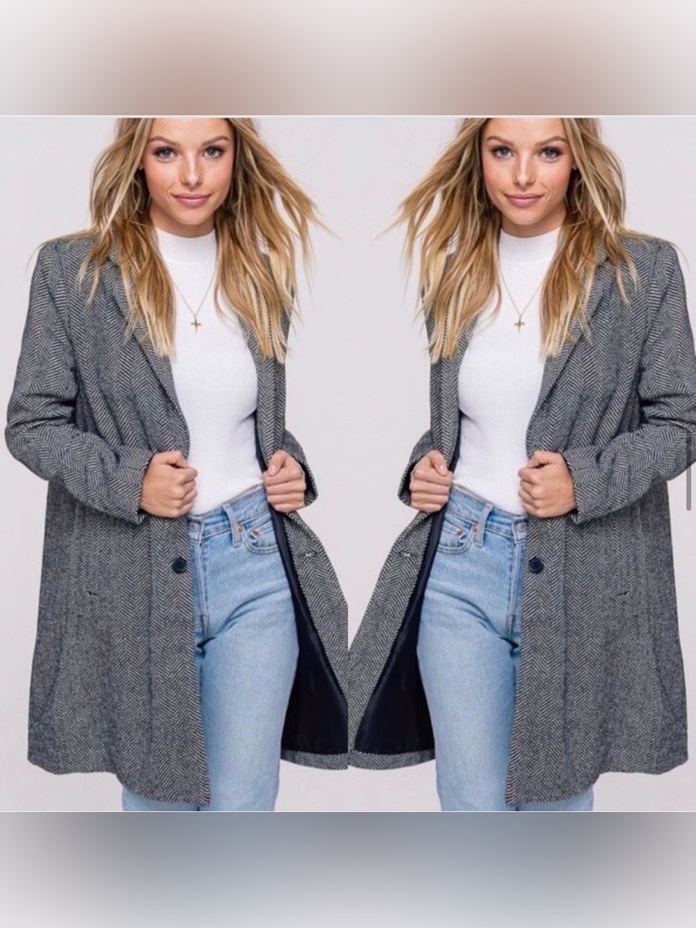 Women's Gray Herringbone Open Coat